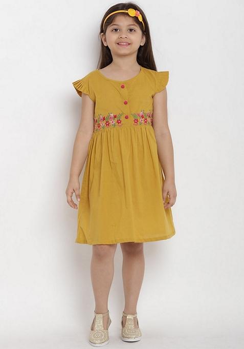 Mustard Embroidered Cotton Dress