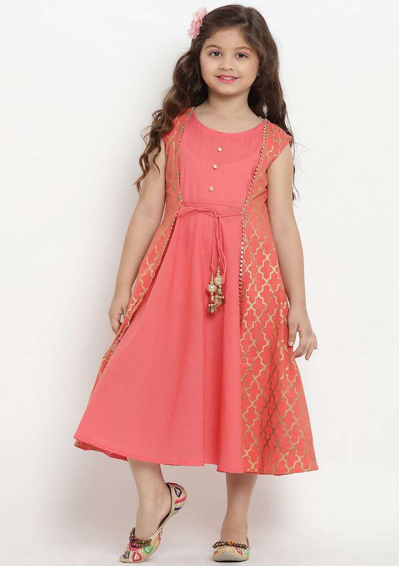 Peach Printed Cotton Dress - Indya