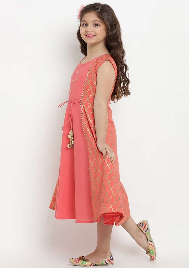 Peach Printed Cotton Dress - Indya