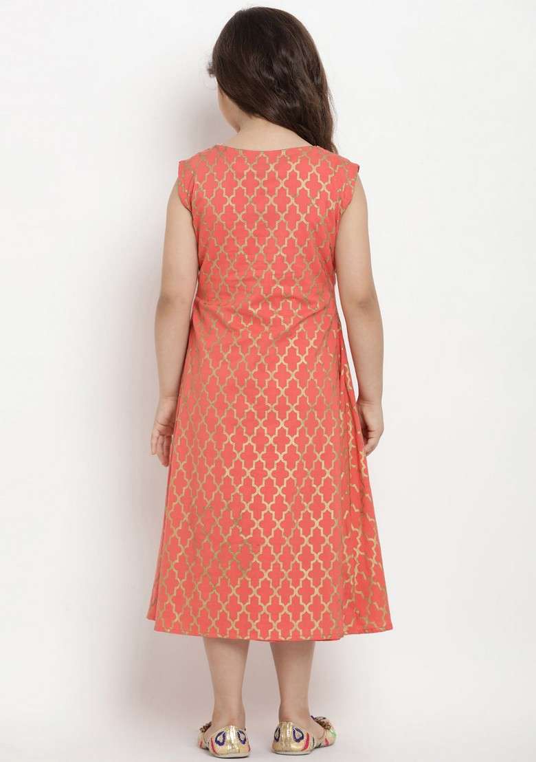 Peach Printed Cotton Dress - Indya