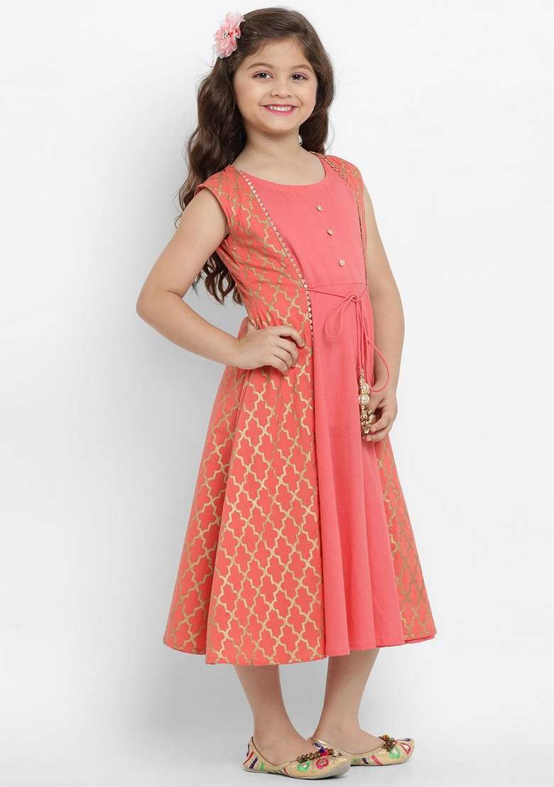 Peach Printed Cotton Dress - Indya
