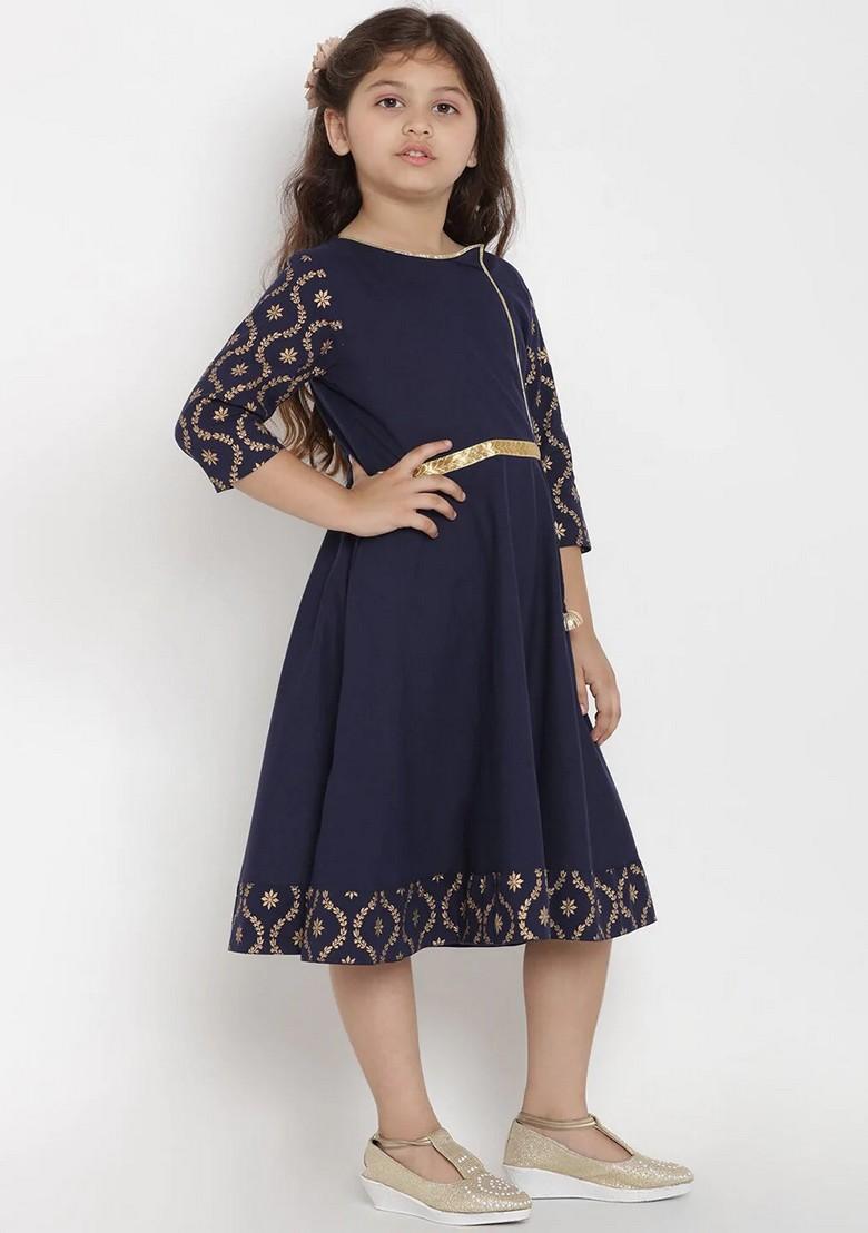 Navy Blue Solid Cotton Blend Dress - Indya