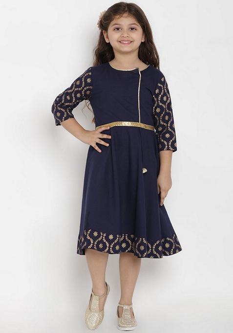 Navy Blue Solid Cotton Blend Dress