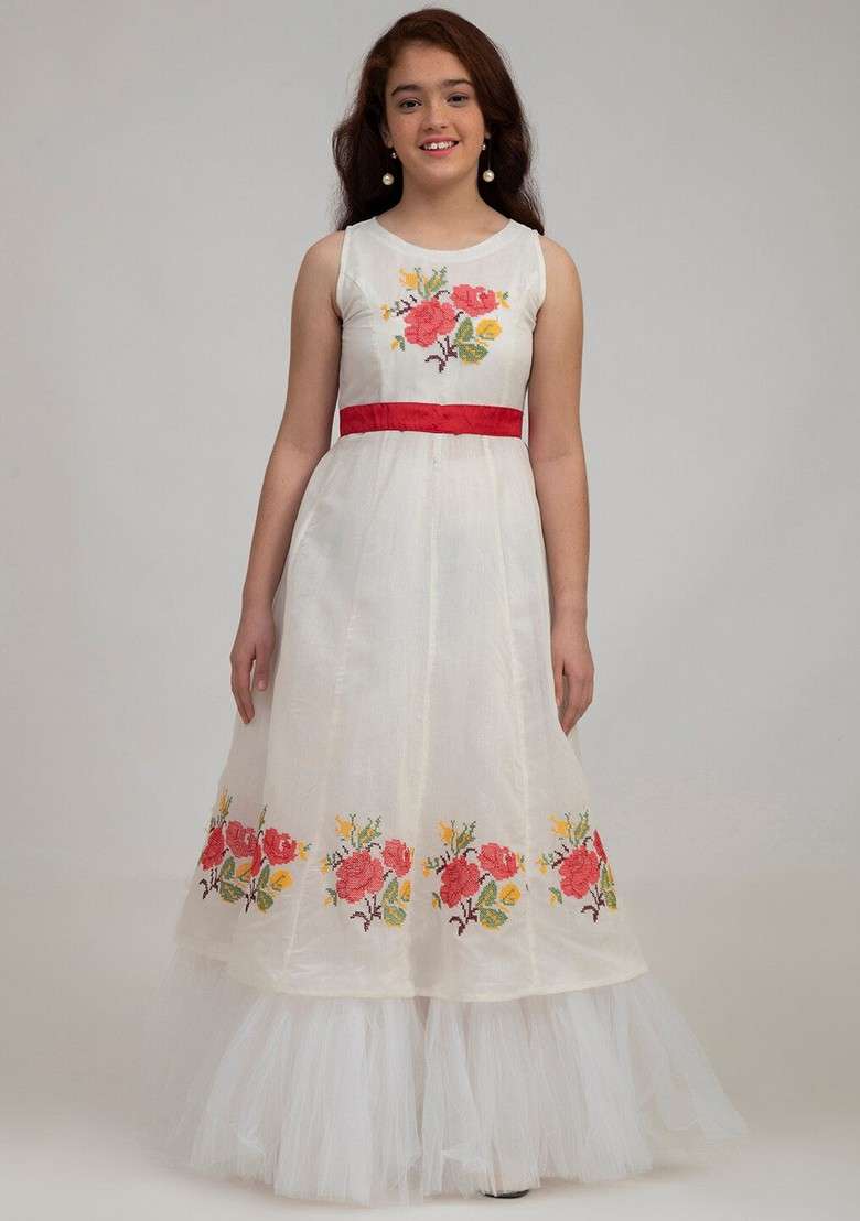 White Embroidered Silk Dress - Indya