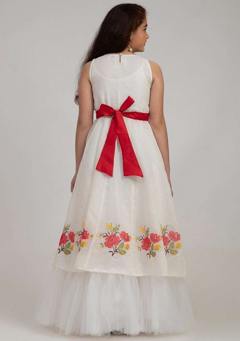 White Embroidered Silk Dress - Indya