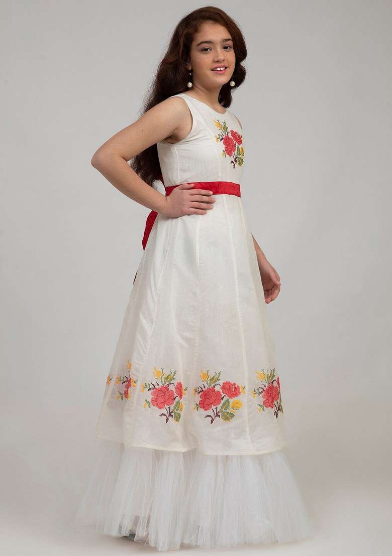White Embroidered Silk Dress - Indya