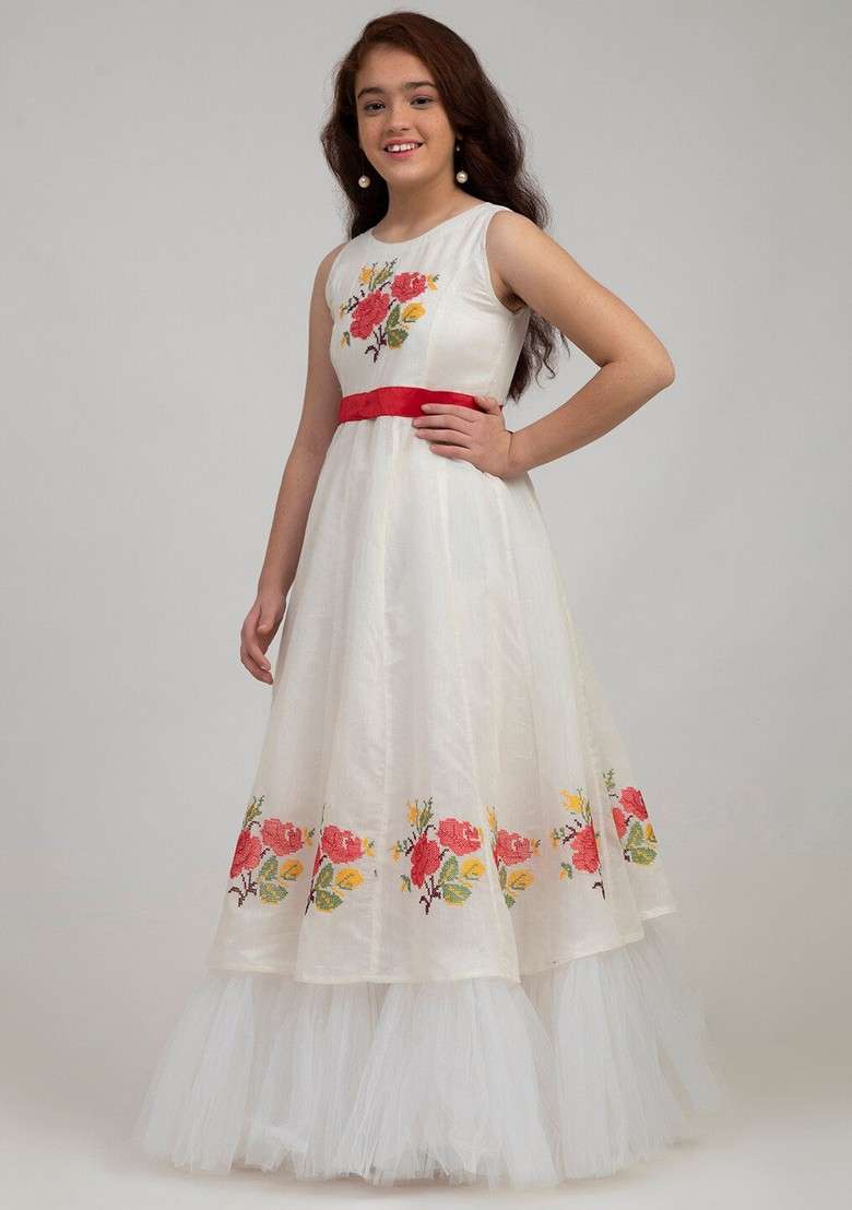 White Embroidered Silk Dress - Indya