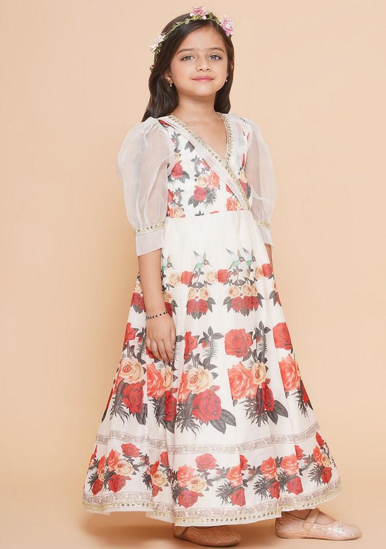 Beige Printed Organza Dress - Indya