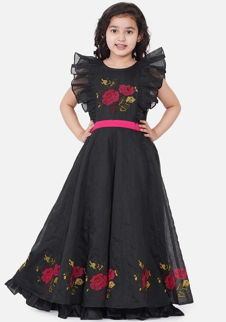 Black Embroidered Poly Silk Dress - Indya