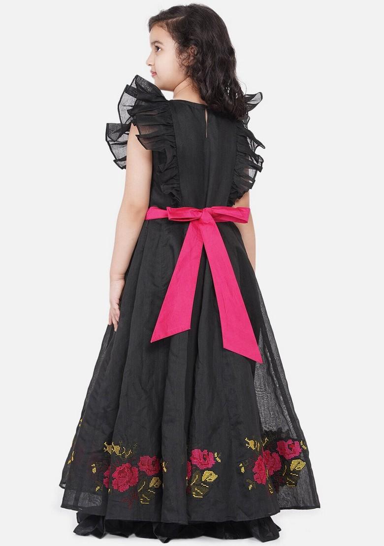 Black Embroidered Poly Silk Dress - Indya