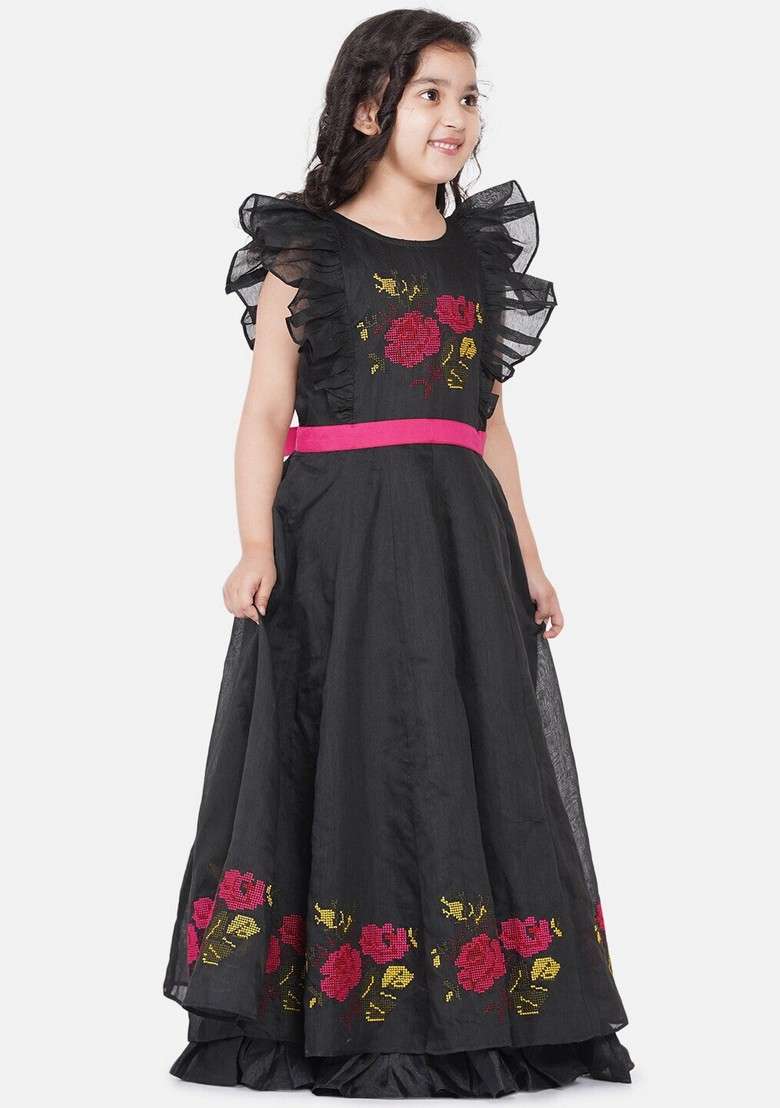 Black Embroidered Poly Silk Dress - Indya