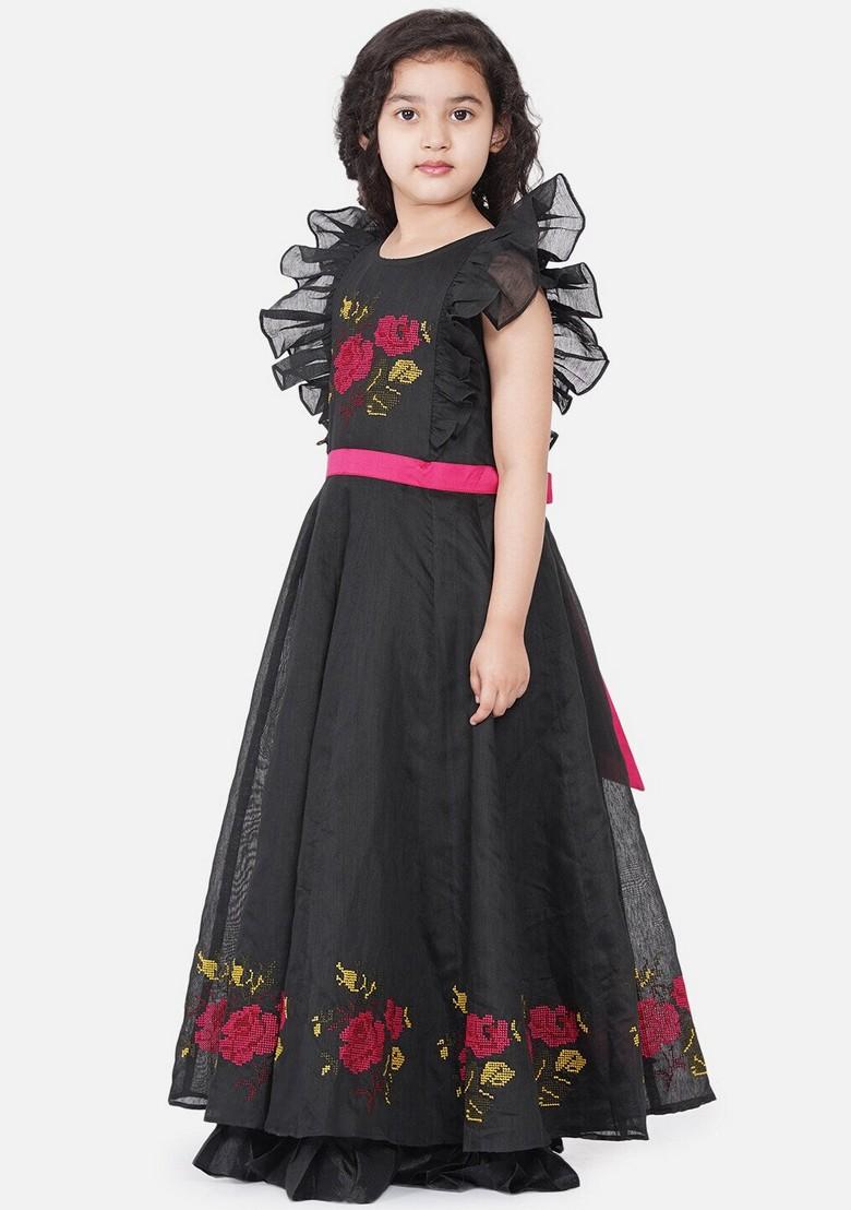 Black Embroidered Poly Silk Dress - Indya