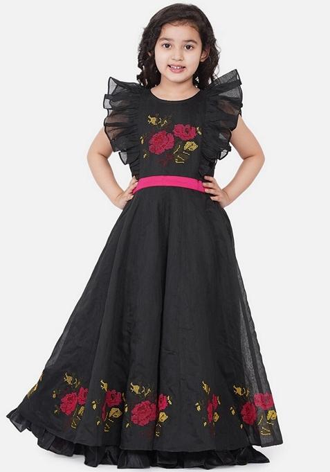 Black Embroidered Poly Silk Dress