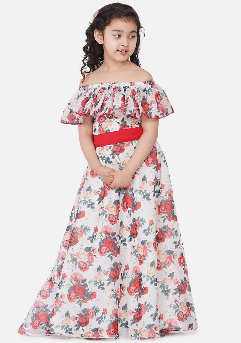 Off White Printed Poly Silk Dress - Indya