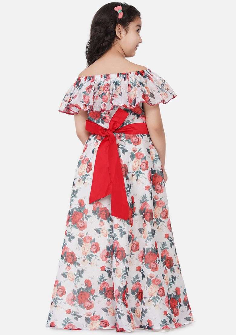 Off White Printed Poly Silk Dress - Indya