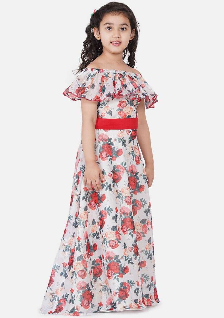 Off White Printed Poly Silk Dress - Indya