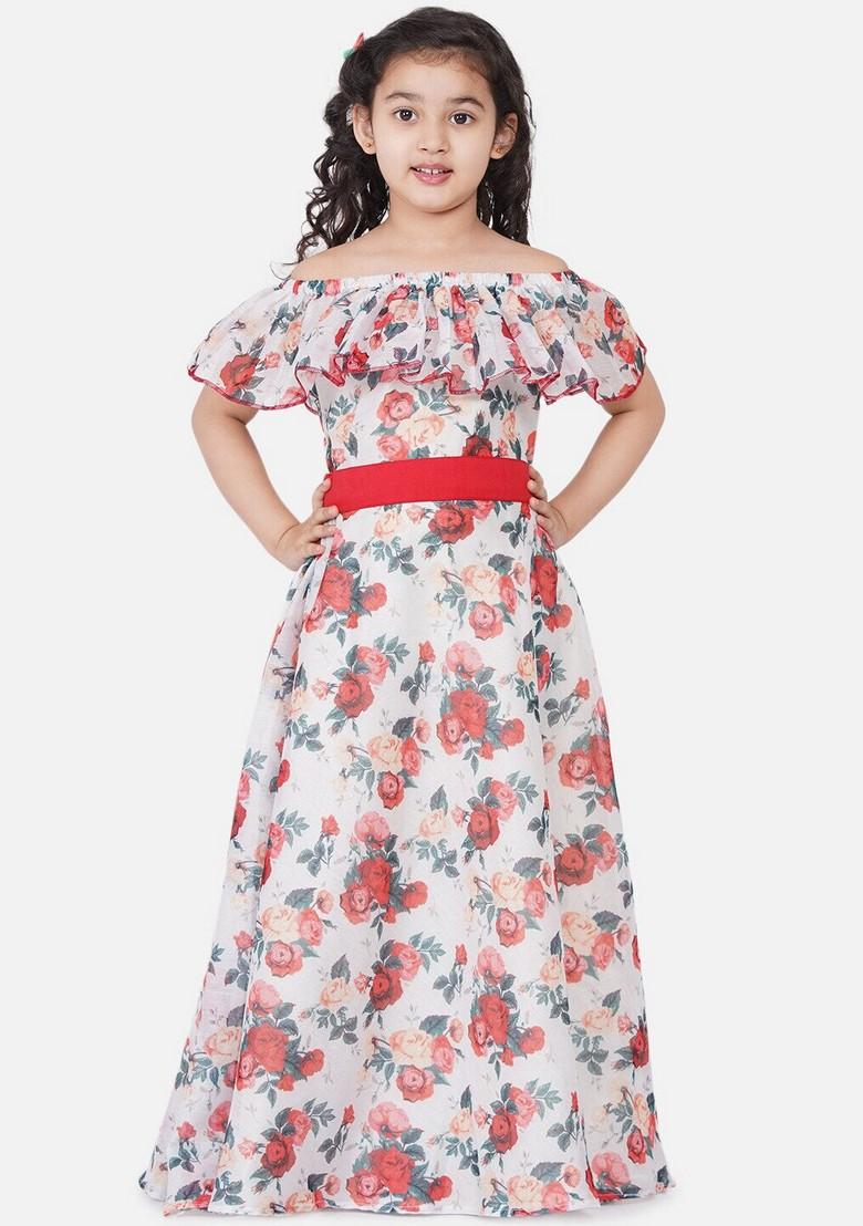 Off White Printed Poly Silk Dress - Indya