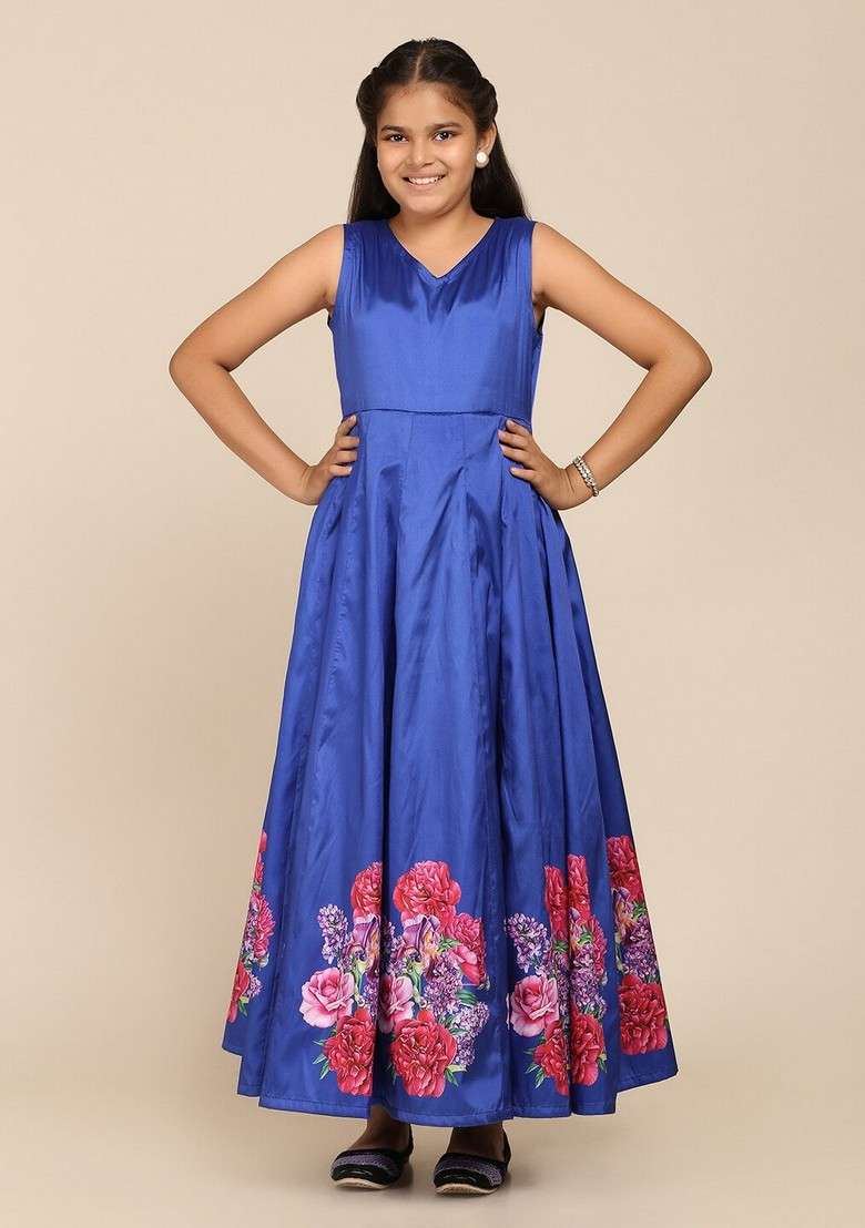 Blue Printed Poly Silk Dress - Indya