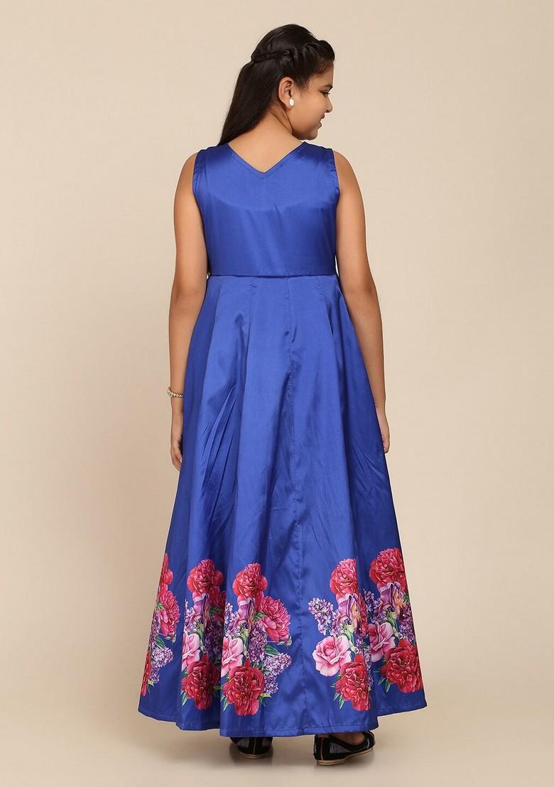 Blue Printed Poly Silk Dress - Indya