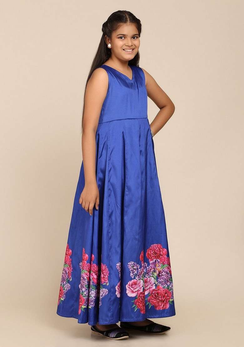 Blue Printed Poly Silk Dress - Indya