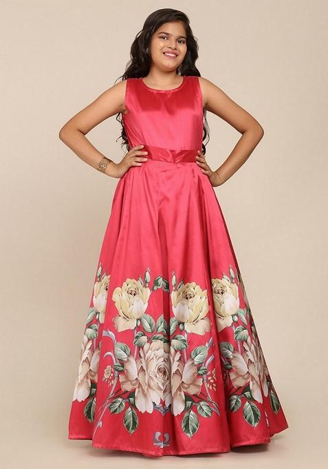 Coral Printed Poly Silk Dress