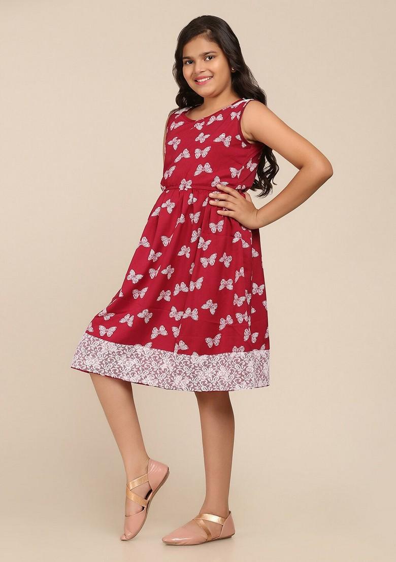 Maroon Printed Poly Silk Dress - Indya