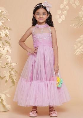 Pink Embroidered Polyester Dress