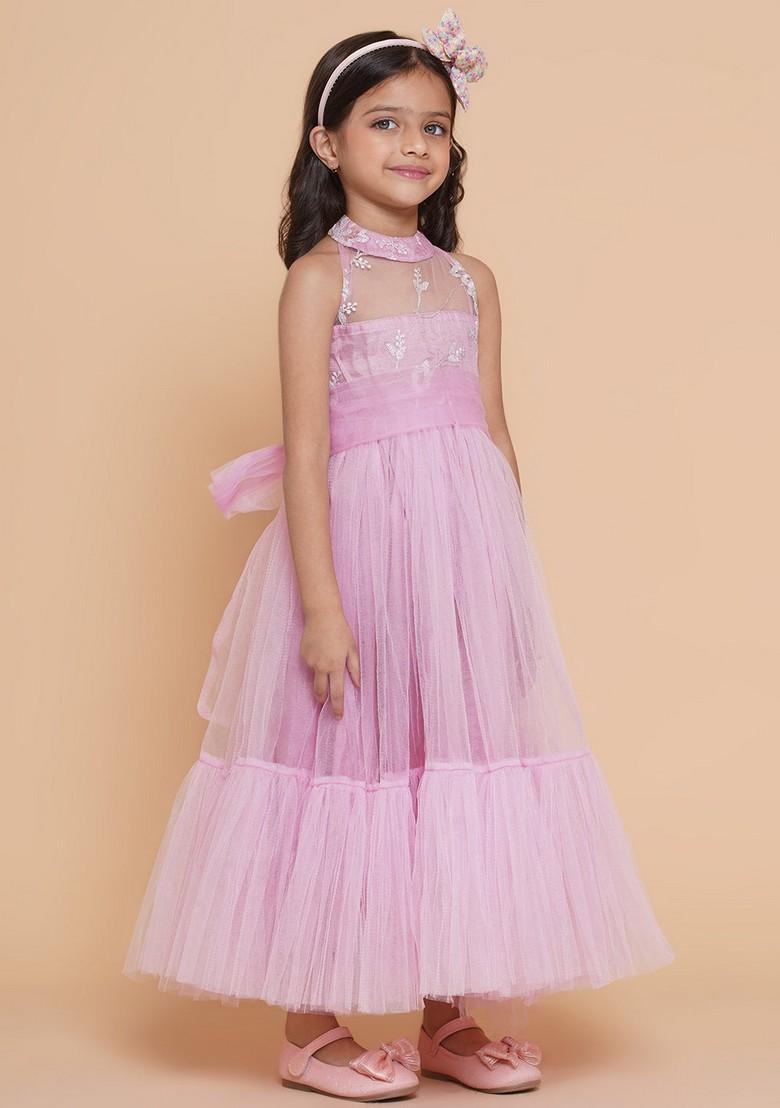 Pink Embroidered Polyester Dress