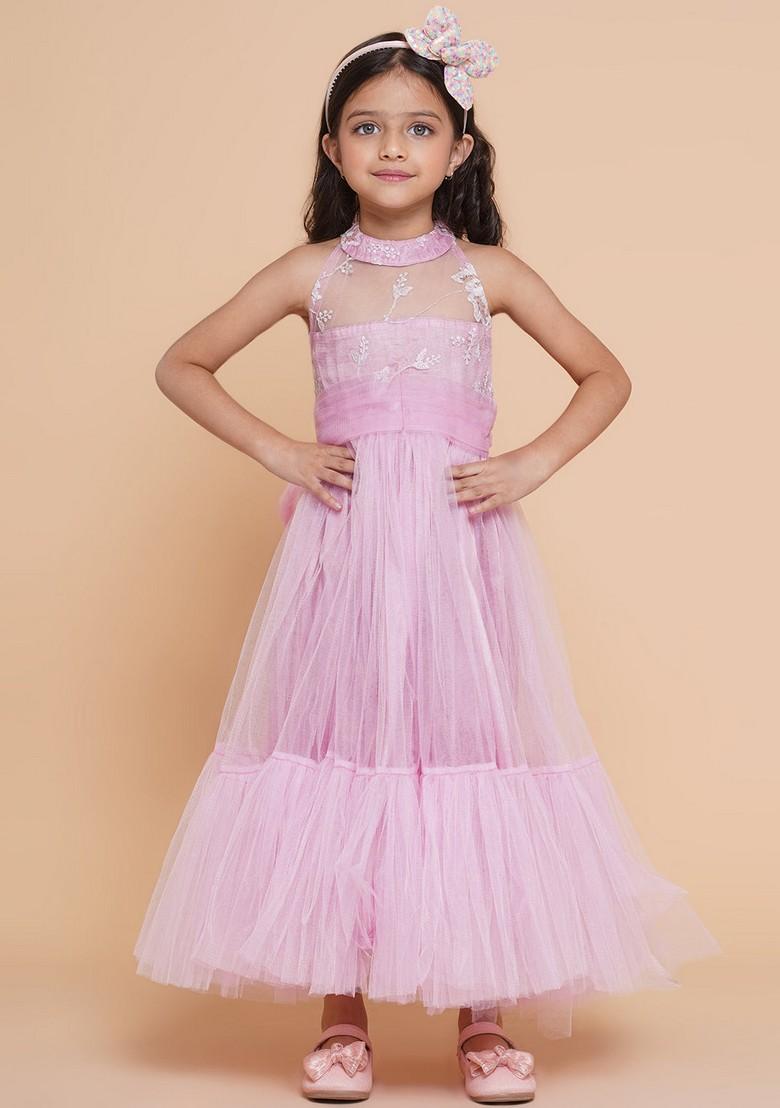 Pink Embroidered Polyester Dress