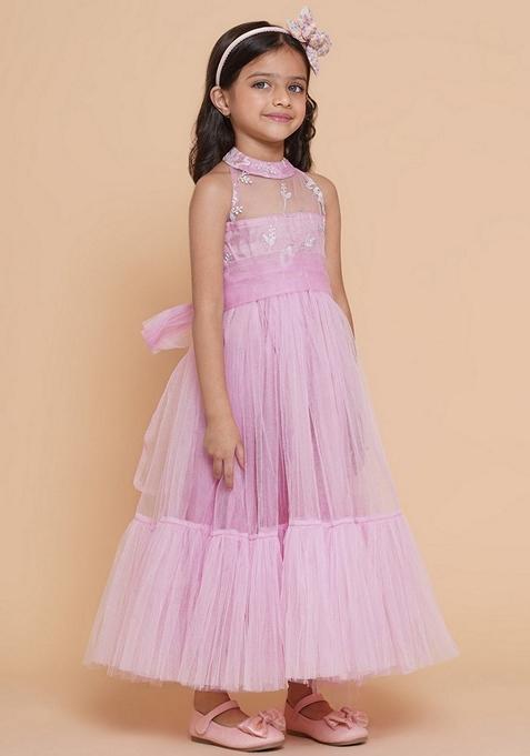 Pink Embroidered Polyester Dress