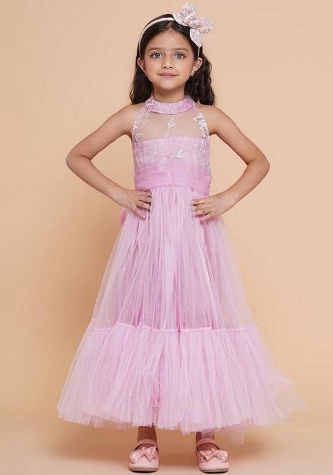 Pink Embroidered Polyester Dress