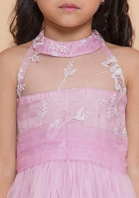 Pink Embroidered Polyester Dress