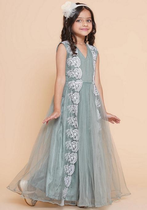 Green Embroidered Polyester Dress