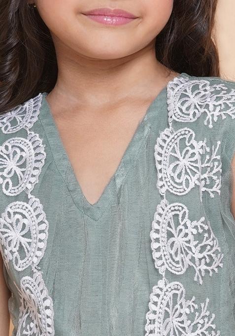Green Embroidered Polyester Dress