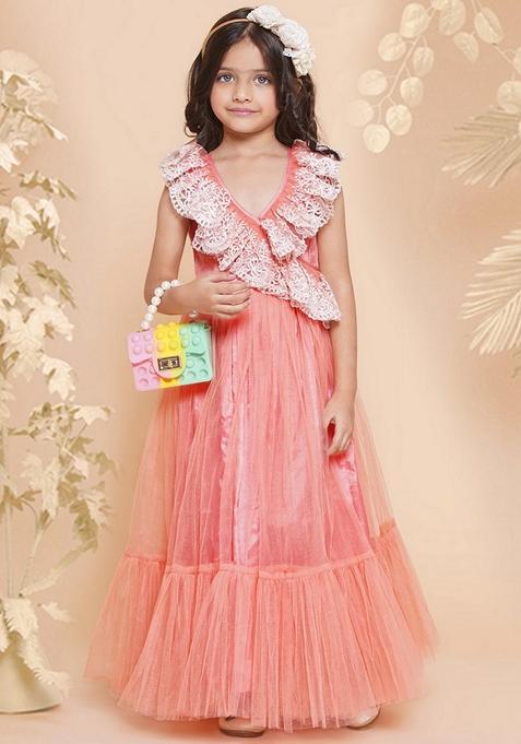 Peach Embroidered Polyester Dress