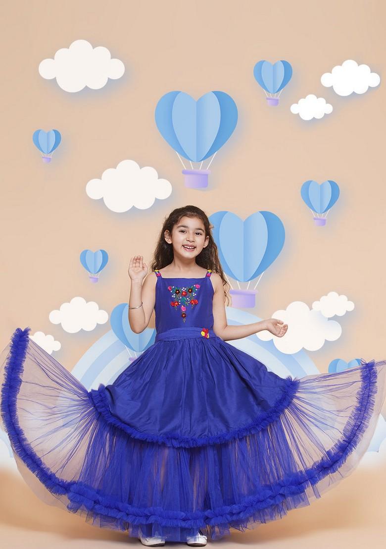 Blue Embroidered Polyester Dress