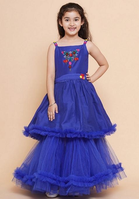 Blue Embroidered Polyester Dress