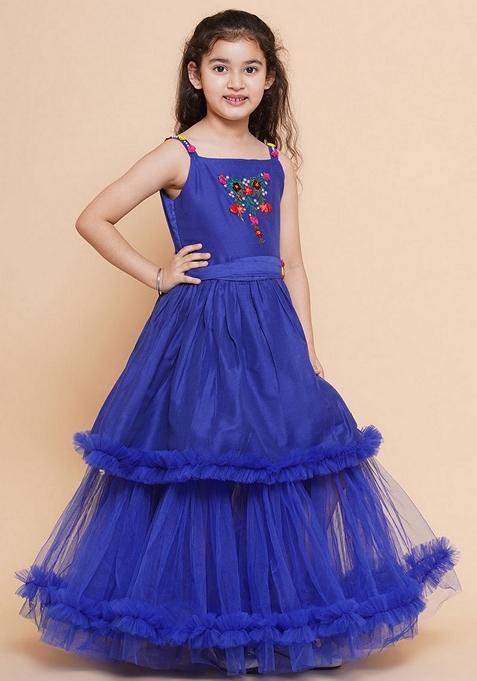 Blue Embroidered Polyester Dress