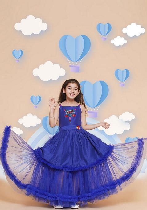 Blue Embroidered Polyester Dress