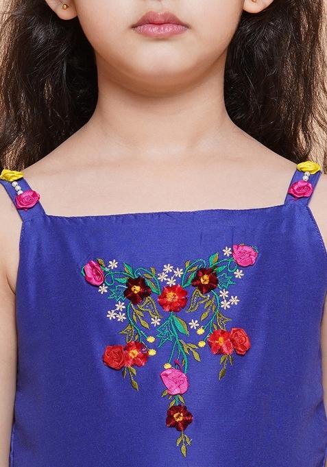 Blue Embroidered Polyester Dress