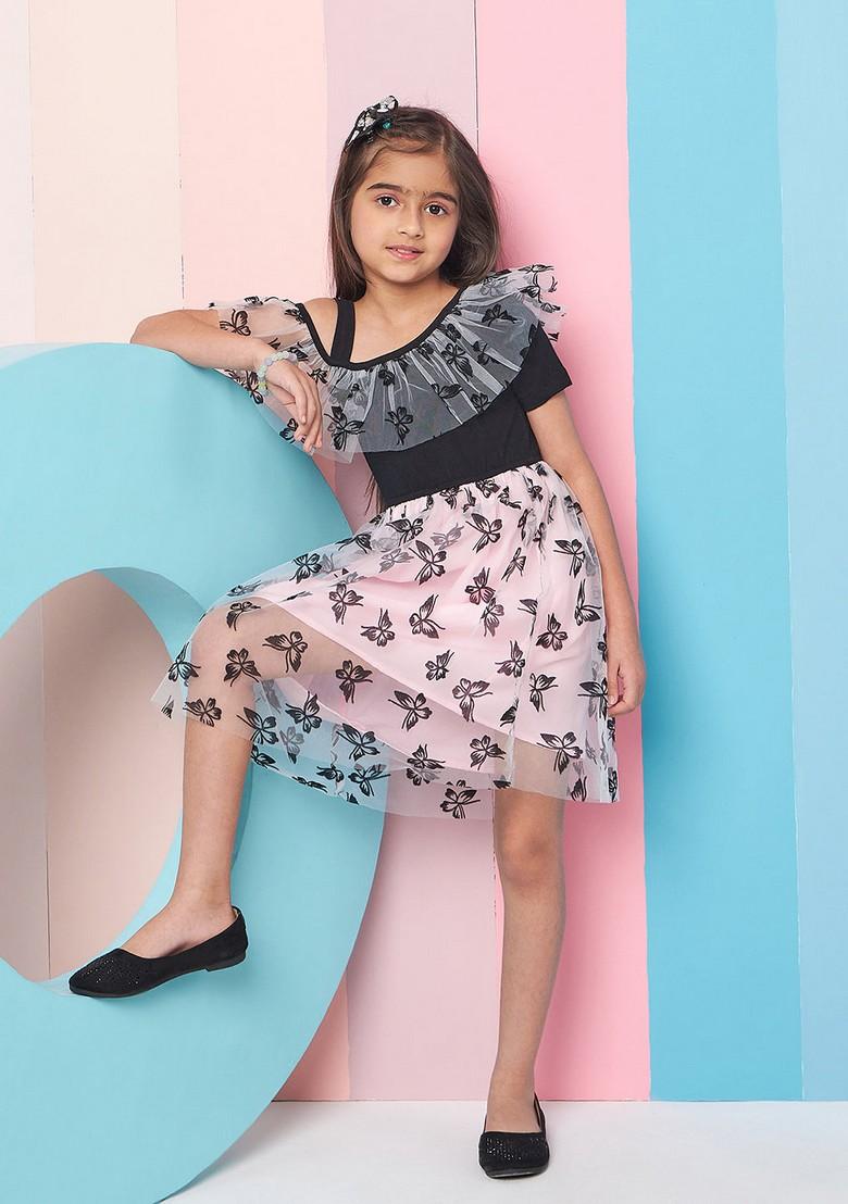 Black Printed Net And Hosiery Dress