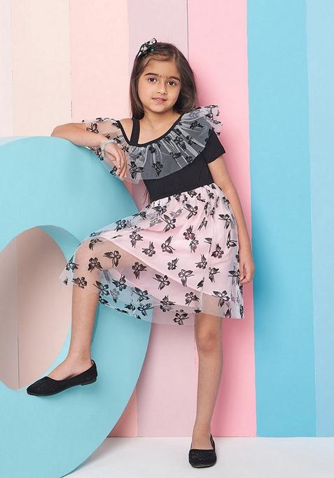 Black Printed Net And Hosiery Dress