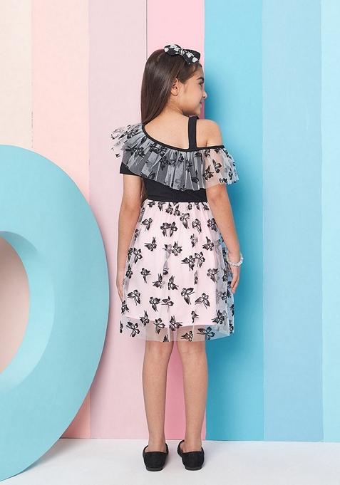 Black Printed Net And Hosiery Dress