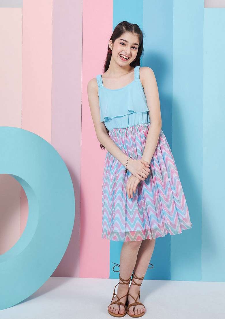 Blue Printed Net And Georgette Dress - Indya