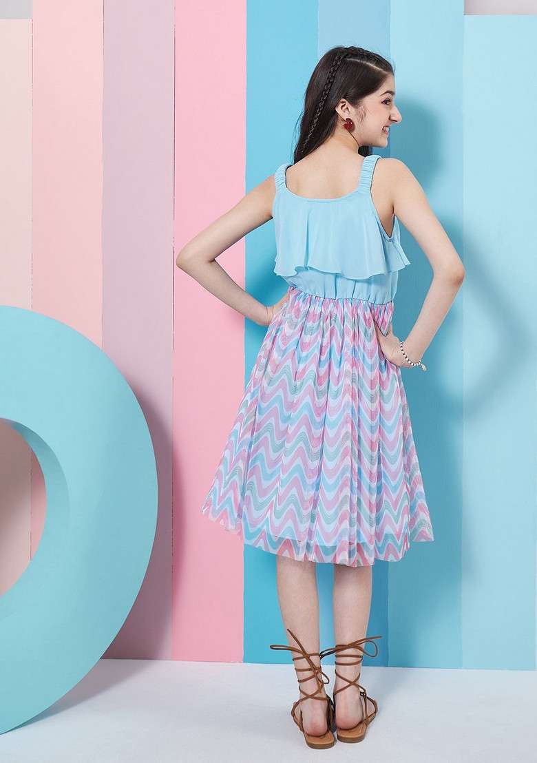 Blue Printed Net And Georgette Dress - Indya
