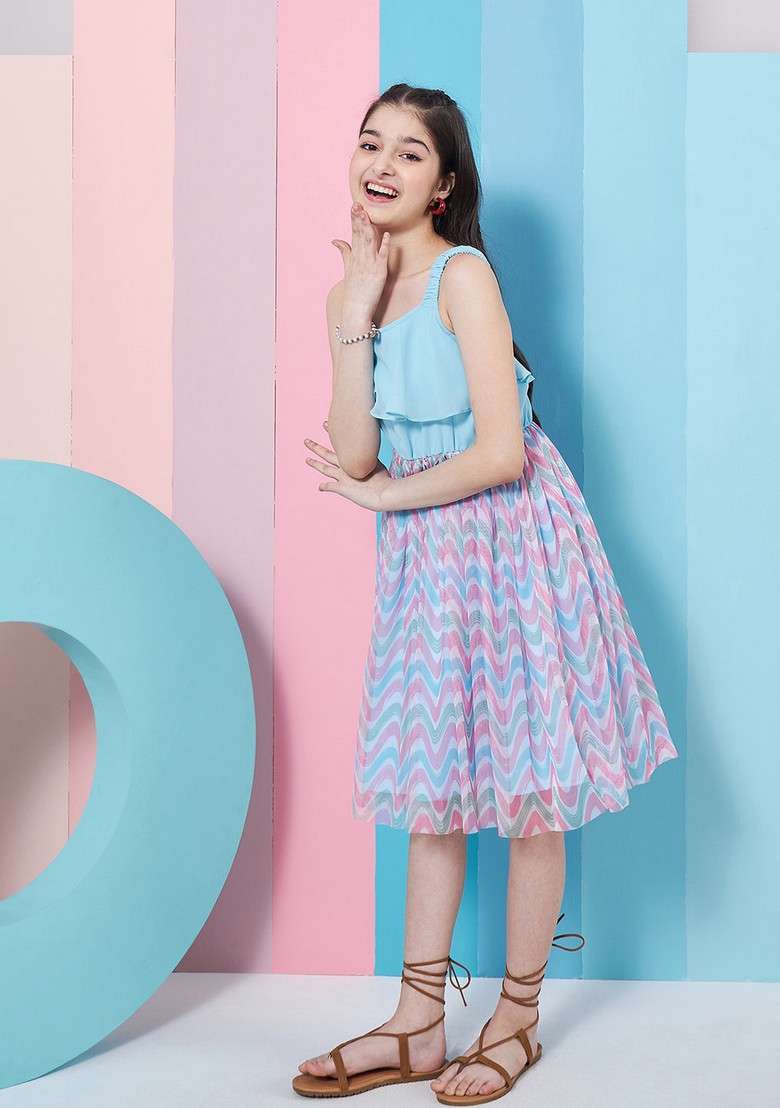 Blue Printed Net And Georgette Dress - Indya