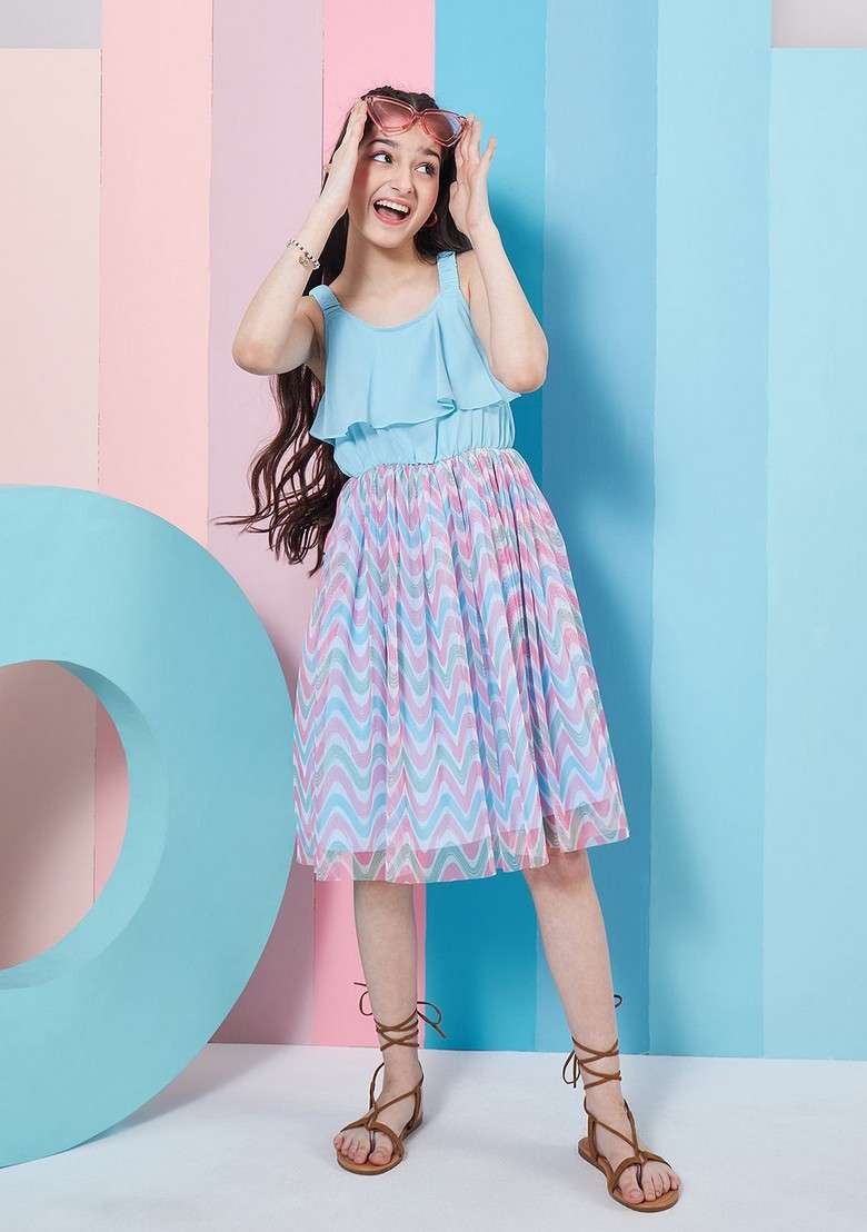 Blue Printed Net And Georgette Dress - Indya