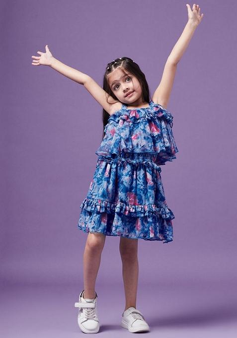 Blue Printed Polyester Dress