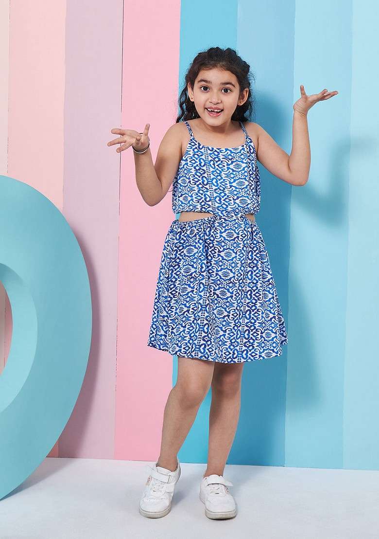 Blue Printed Crepe Dress - Indya