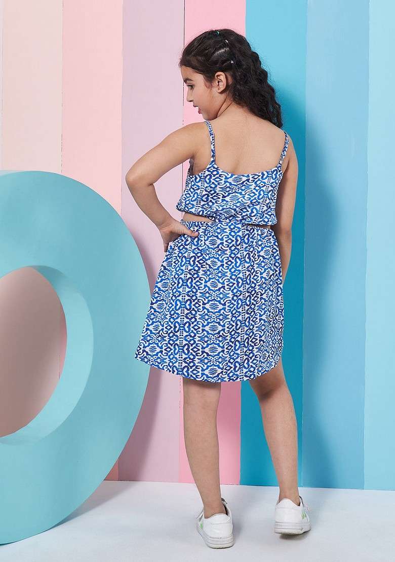Blue Printed Crepe Dress - Indya
